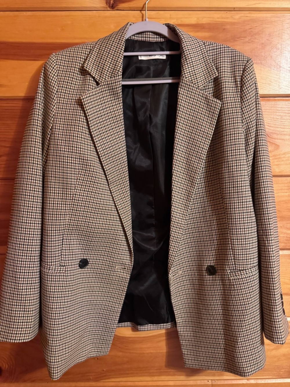 Mango Women's Houndstooth Blazer in Beige and Black Check